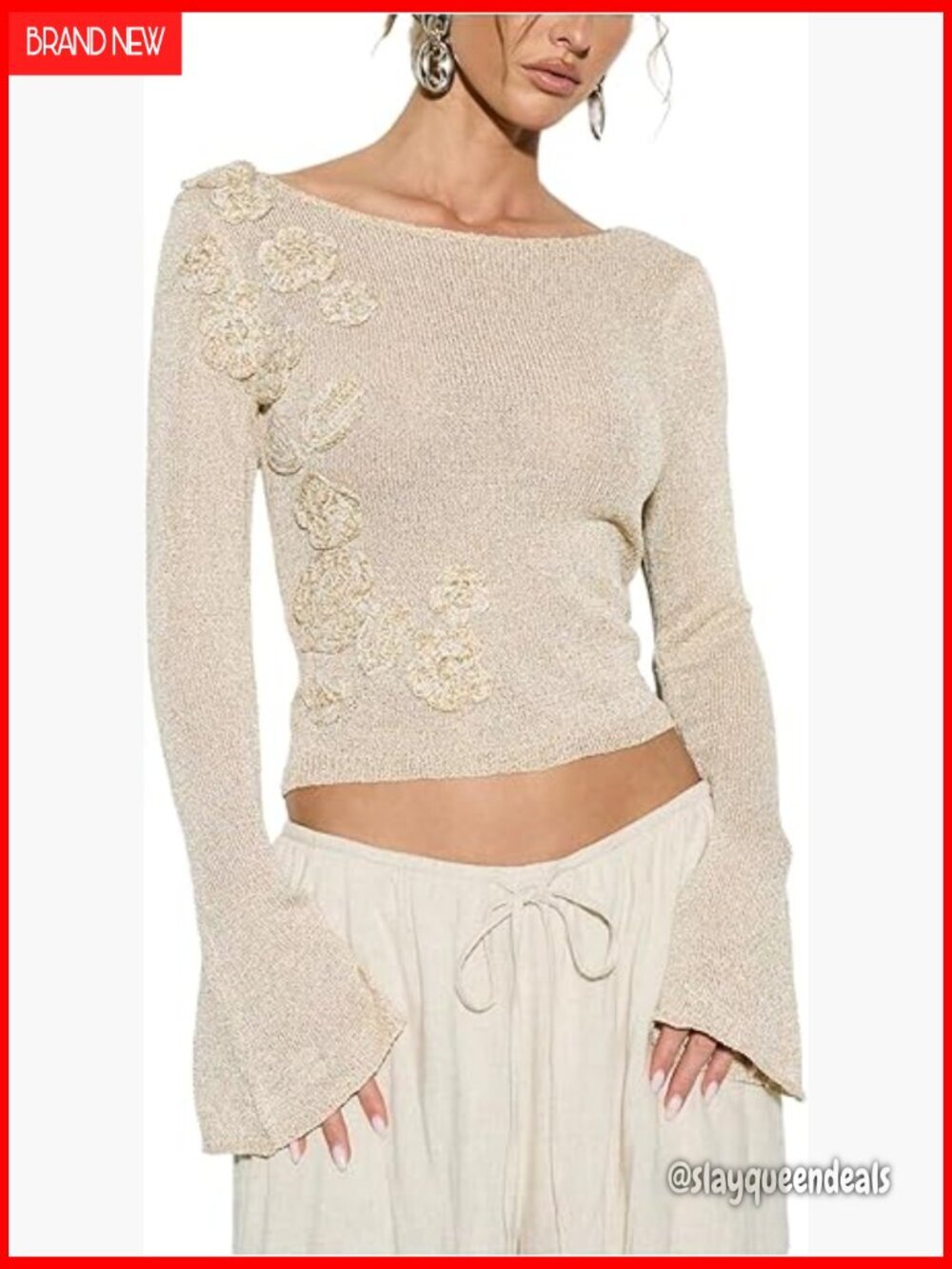Lightweight 3D Flower Bell Sleeve Sweater Pullover Knit Top